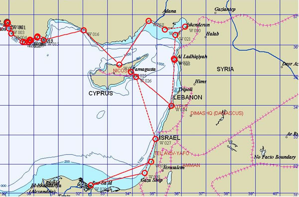 route to be taken by Serafina, cruising the Eastern Med in 2010